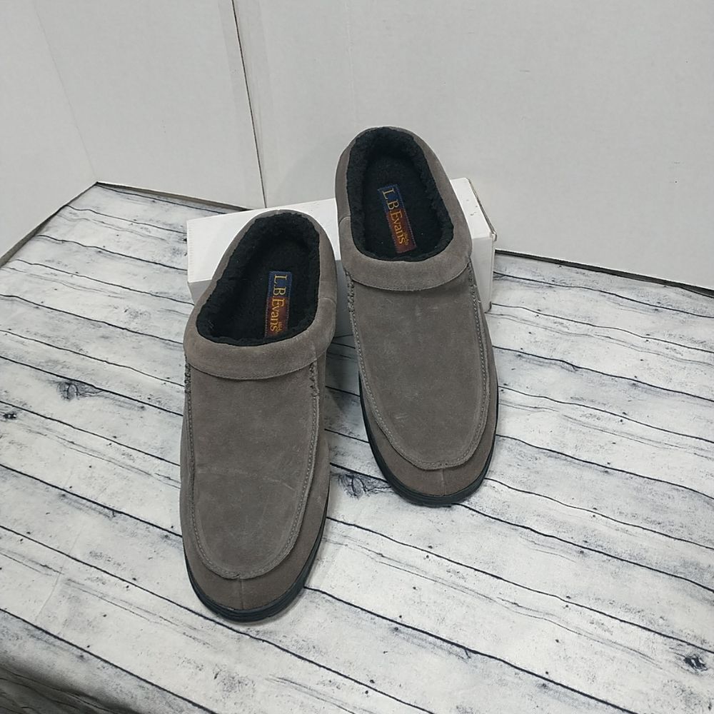 LB EVANS EDMONTON GRAY MEN'S SZ 12 LEATHER SLIPPERS 7530 FAUX FUR.